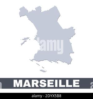 Marseille outline map. Vector map of Marseille city area within its borders. Grey with shadow on white background. Isolated illustration. Stock Vector