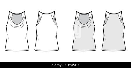 Tank low cowl Crop Camisole technical fashion illustration with thin adjustable straps, oversized, waist length. Flat outwear top template front, back, white, grey color. Women men unisex CAD mockup Stock Vector