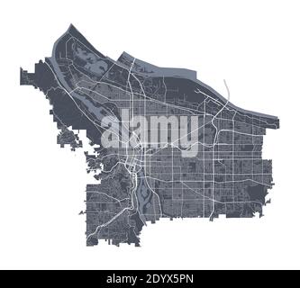 Portland map. Detailed vector map of Portland city administrative area. Cityscape poster metropolitan aria view. Dark land with white streets, roads a Stock Vector