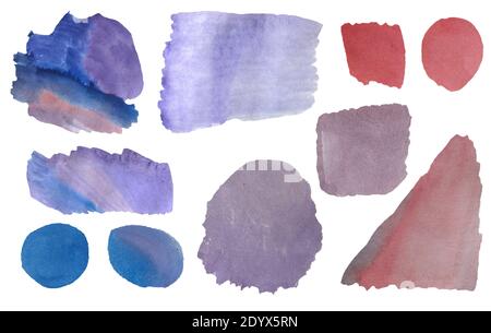 Watercolor stains. A set of colored spots - purple, blue, red, lilac, burgundy. Transitions with watercolor paint. white background. Watercolor textur Stock Photo