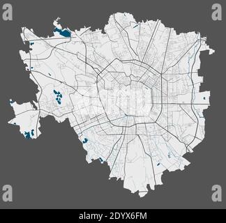 Milan map. Detailed vector map of Milan city administrative area. Poster with streets and water on grey background. Stock Vector