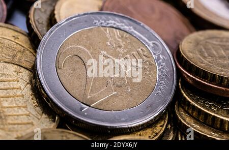 Close up view of two euro coin Stock Photo