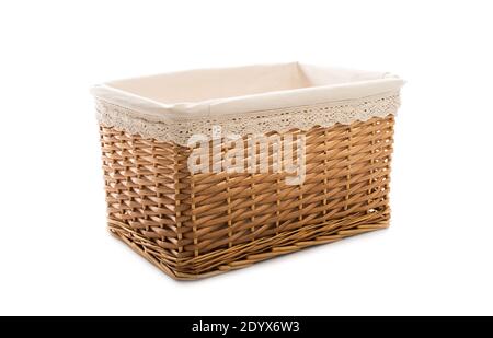 wicker basket for clothes on a white background Stock Photo