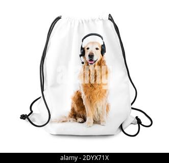 White backpack with print and black string isolated on a white background Stock Photo
