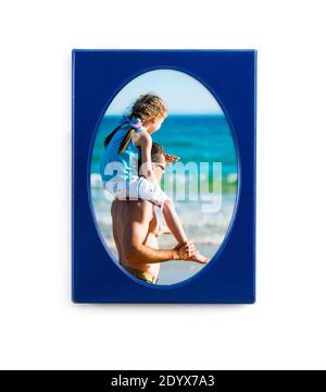 Beautiful personal photo in oval blue photo frame isolated on white background Stock Photo