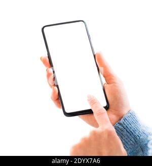 Hands working on mobile phone close up isolated on a white background Stock Photo