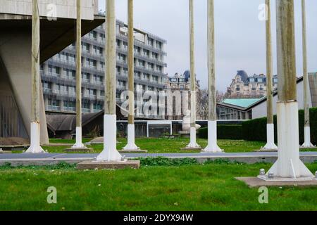 PARIS, FRANCE -20 DECEMBER 2020- View of the United Nations Educational, Scientific and Cultural Organization (UNESCO) headquarters, located in the Fr Stock Photo