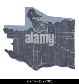 Vancouver map. Detailed vector map of Vancouver city administrative area. Cityscape poster metropolitan aria view. Dark land with white streets, roads Stock Vector