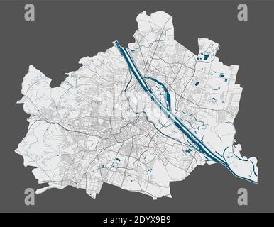 Vienna map. Detailed vector map of Vienna city administrative area. Poster with streets and water on grey background. Stock Vector