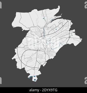 Luxembourg map. Detailed vector map of Luxembourg city administrative area. Poster with streets and water on grey background. Stock Vector