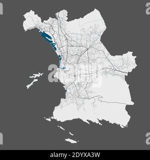 Marseille map. Detailed vector map of Marseille city administrative area. Poster with streets and water on grey background. Stock Vector