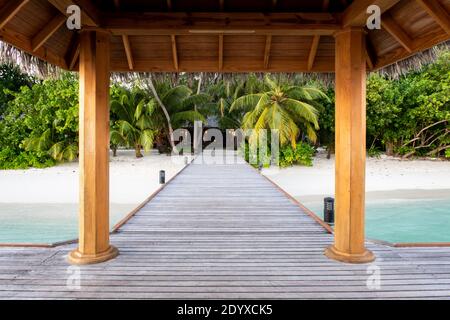Wooden pier leading to tropical island with lush palm trees and white sany beach with thatched roof above, Maldives. Stock Photo