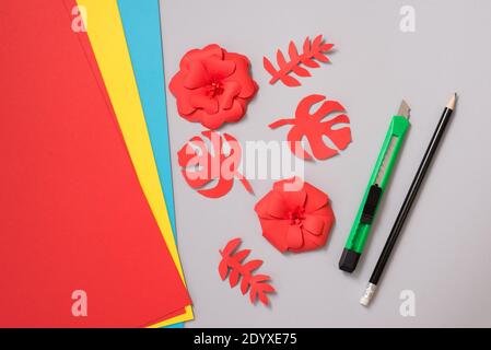 Master class to create a flower from paper.Children's creativity.Favorite hobby for children.Materials and tools. Stock Photo