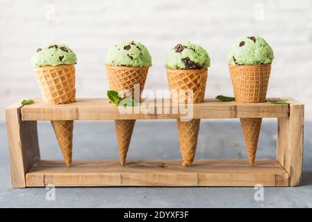 Ice cream with mint and chocolate chip Stock Photo