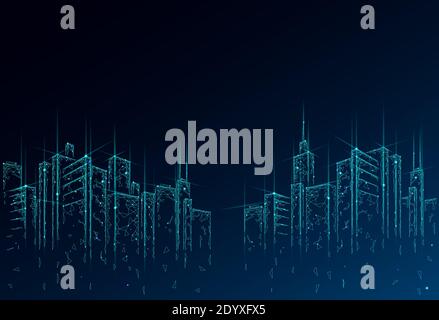 Low poly smart city 3D wire mesh. Intelligent building automation system business concept. Web online computer networking. Architecture urban Stock Vector