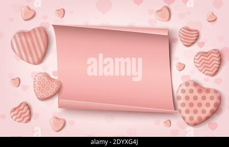 Blank background template with pink realistic candy hearts and realistic papper banner. Stock Vector