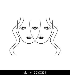 Poster with split female face. Black and white illustration with two girls. Stock Vector
