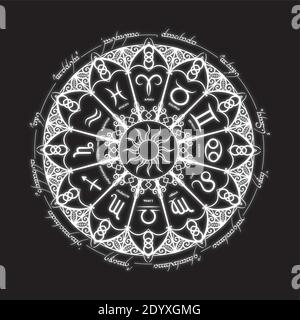 Zodiac Signs Wheel dark style on white Stock Vector