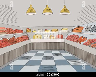 Grocery store shop interior color graphic sketch illustration vector Stock Vector