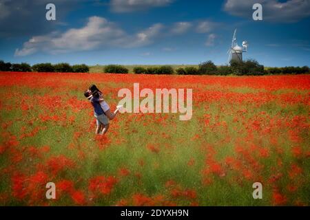 Red diffused poppies in field with hedgerow in distance. Windmill on skyline with blue sky and fluffy white clouds. Couple embracing among the flowers. Stock Photo