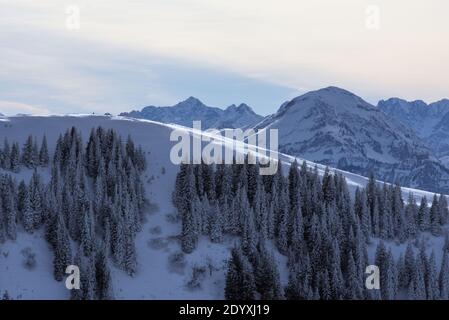 View from the Seekarkreuz peak in the Mangfall mountain range near Lenggries, Bavaria, Germany Stock Photo