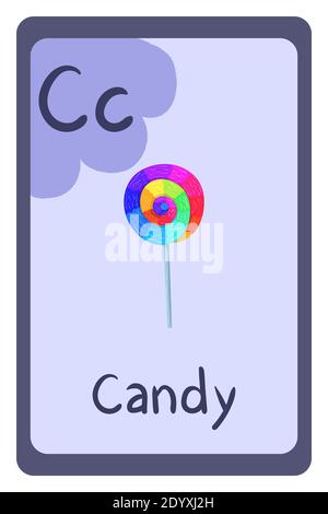 Education flash card abc, letter C - candy. Alphabet for game design. Primary school kids. Flat illustration with food, bakery, fruits, vegetables. Vector template. Stock Vector