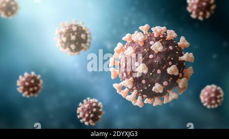 Coronavirus or sars-cov-2 or covid-19 virus cells 3D rendering illustration. Medical and healthcare, medicine, microbiology, virology, science concept