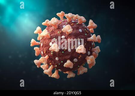 Close-up of a coronavirus or sars-cov-2 cell 3D rendering illustration. Accurate anatomy of the virus. Microbiology, medicine, science, virology conce