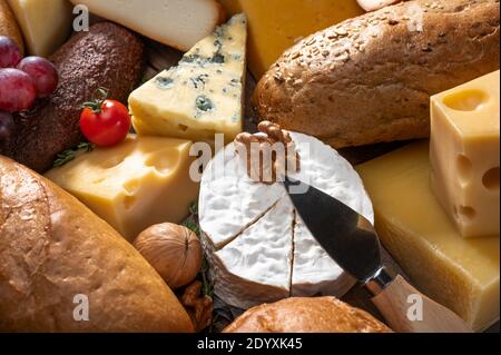 cheese and bread background. many types of bread and cheese. cheese platter, tasting assortment of various types of cheese, grape, walnut, tomato. fro Stock Photo