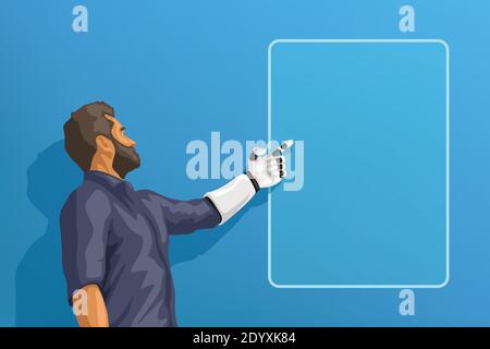 man with white robotic hand on blue Stock Vector