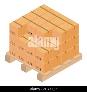 Closed cardboard boxes on a pallet with a ribbon with road signs. Isometric composition concept. Isolated vector on white background. Design for deliv Stock Vector
