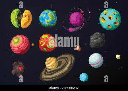 various colorful alien planets set in space Stock Vector
