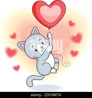 Cat cute gray with a heart balloon on a rope in his paws with a happy ...