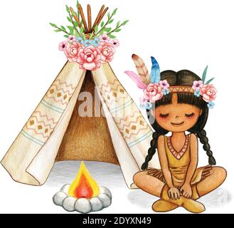 Cute watercolor boho indian girl with flowers, feathers and decorated tent Stock Vector