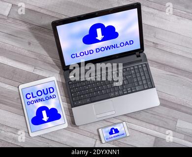 Data download concept shown on different information technology devices Stock Photo