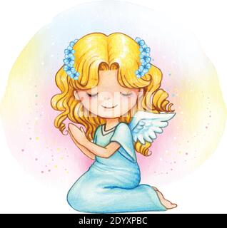 Cute watercolor angel with blue floral crown Stock Vector