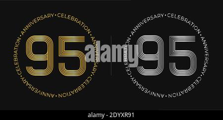 95th birthday. Ninety-five years anniversary celebration banner in golden and silver colors. Circular logo with original number design. Stock Vector