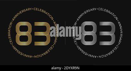 83th birthday. Eighty-three years anniversary celebration banner in golden and silver colors. Circular logo with original numbers design in elegant li Stock Vector