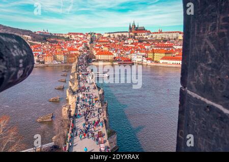 View of Charles Bridge, Prague Castle and Hradcany from the Old Town Bridge Tower, Prague, Czech Republic 03.19.2020 Stock Photo