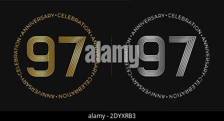 97th birthday. Ninety-seven years anniversary celebration banner in golden and silver colors. Circular logo with original number design in elegant lin Stock Vector