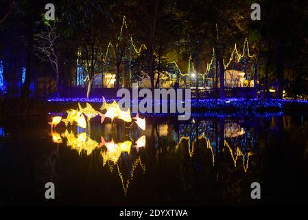 The man standing with blue lighting tunnel with reflection on ground Stock Photo