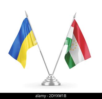Tajikistan and Ukraine table flags isolated on white 3D rendering Stock Photo