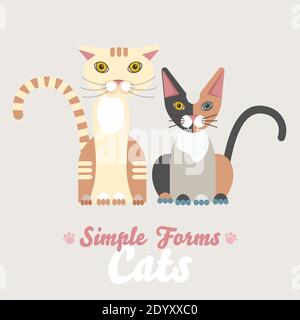 Flat cats sitting front view isolated vector. Cartoon illustration Stock Vector