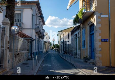 April 22, 2019, Limassol, Cyprus. Empty quiet street of the old town. Stock Photo