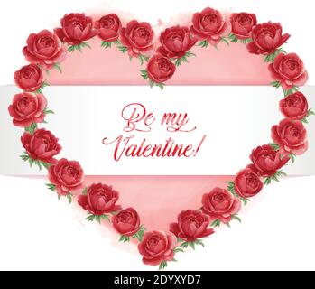 Red peony heart shaped wreath with watercolor background heart with love message Stock Vector