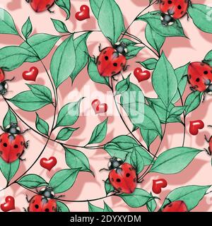 Roantic watercolor ladybug and red hearts seamless pattern Stock Vector