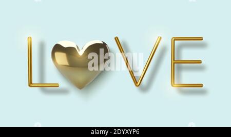 Happy Valentines Day greeting card. Realistic 3d gold metallic hearts and text on blue background. Love and wedding. Template for products, web Stock Vector