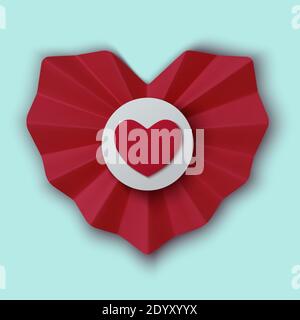 Valentines Day greeting card. Realistic 3d red paper hearts on blue background. Love and wedding. Template for products, web banners and leaflets Stock Vector