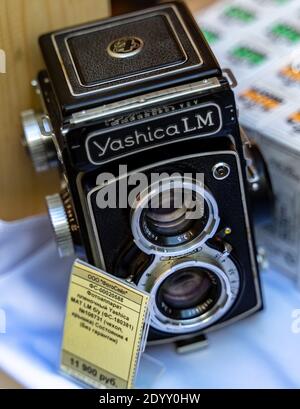 August 18, 2018 Moscow, Russia. Medium format film camera Yashica LM on a store counter. Stock Photo