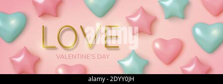 Valentines Day greeting card. Realistic 3d pink and blue balloons hearts and stars. Love and wedding. Template for products, web banners and leaflets Stock Vector